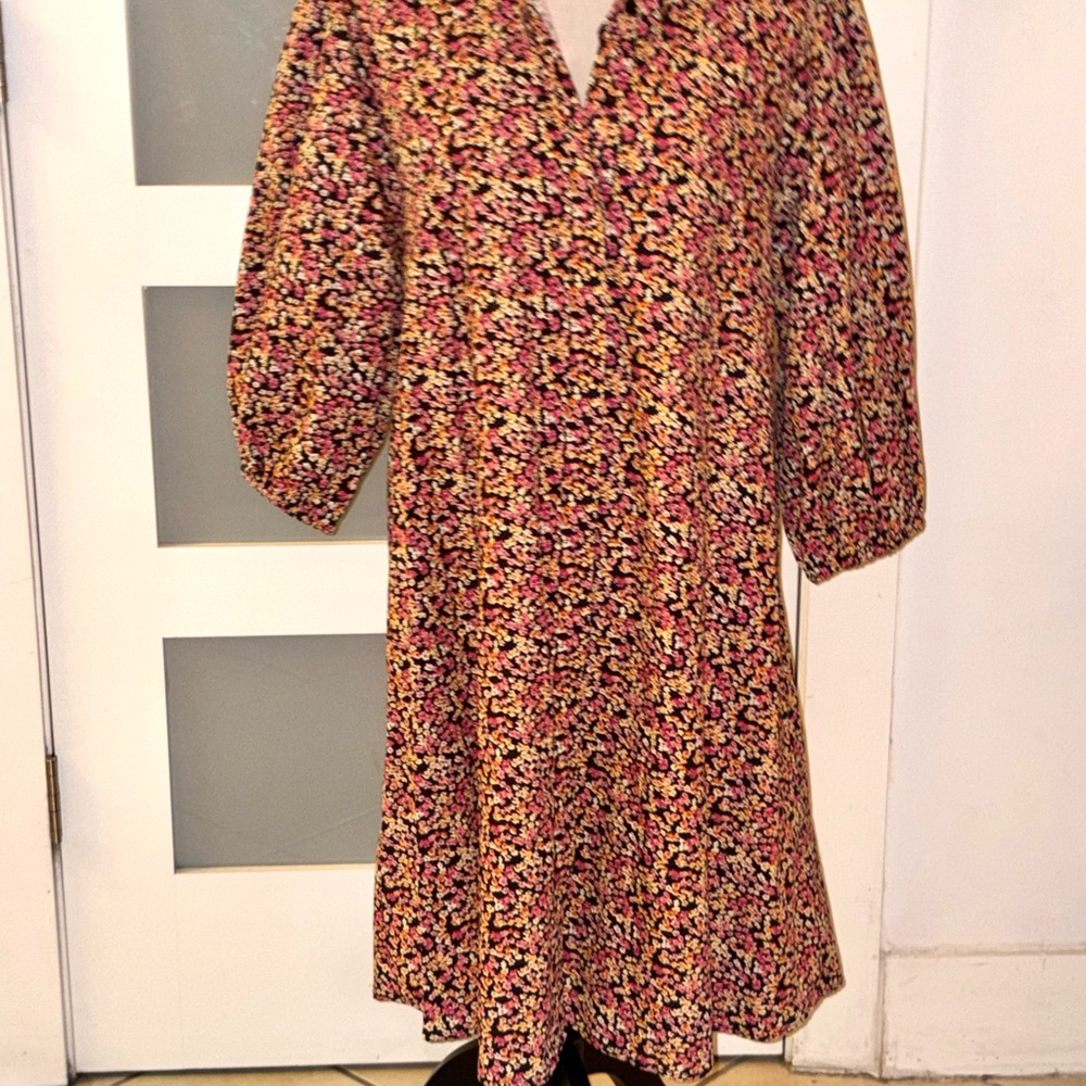 Zara Pink and Yellow Floral Midi Dress with Puff Sleeves size L